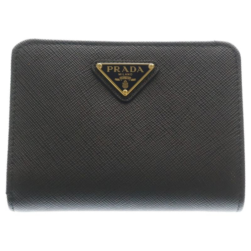 Prada Triangle Logo Saffiano Leather L-shaped Zipper Compact Wallet Coin Case