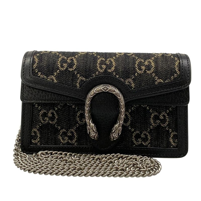 Gucci Shoulder Bag Duonissos GG Denim Black Chain Leather