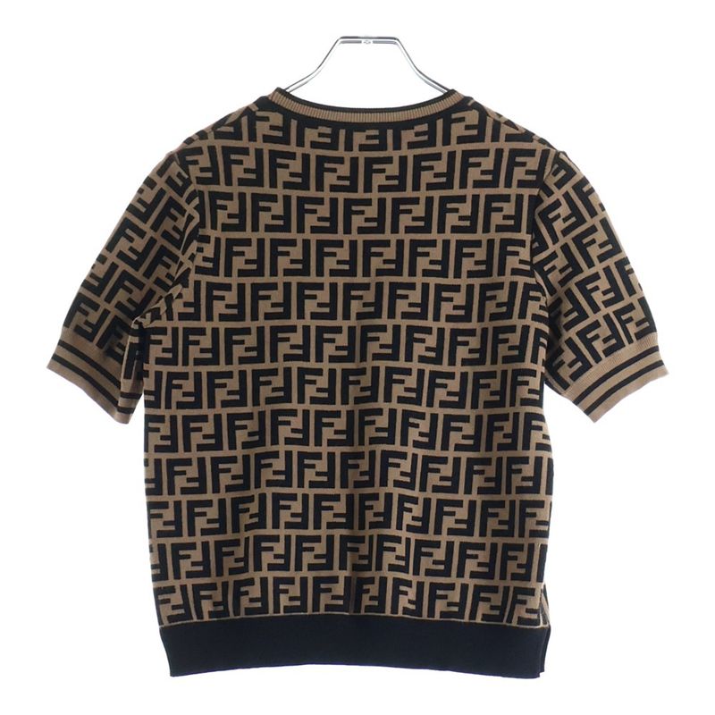Fendi Zucca Pattern Crew Neck Short Sleeve Knit Brown Flat