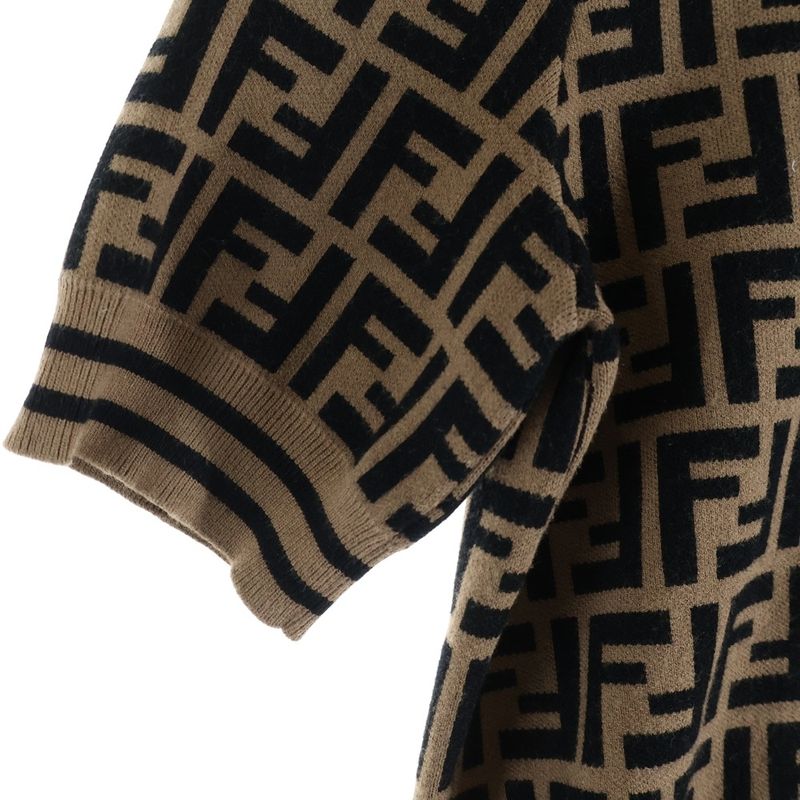 Fendi Zucca Pattern Crew Neck Short Sleeve Knit Brown Flat
