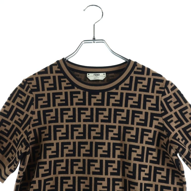 Fendi Zucca Pattern Crew Neck Short Sleeve Knit Brown Flat