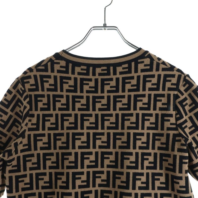 Fendi Zucca Pattern Crew Neck Short Sleeve Knit Brown Flat
