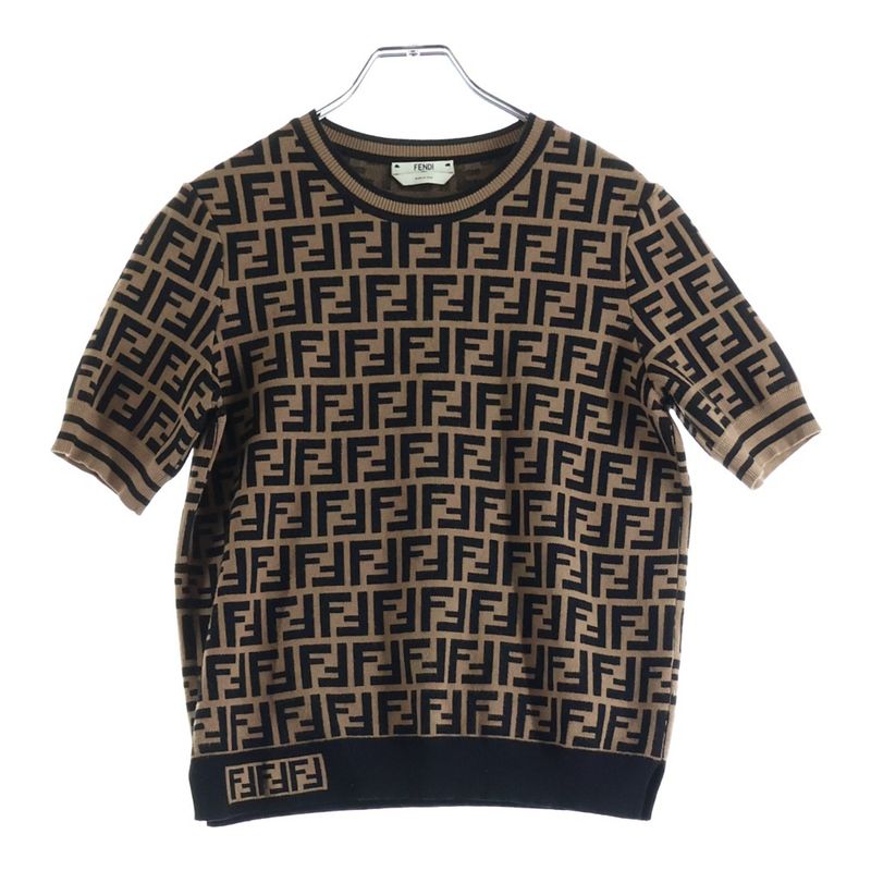 Fendi Zucca Pattern Crew Neck Short Sleeve Knit Brown Flat