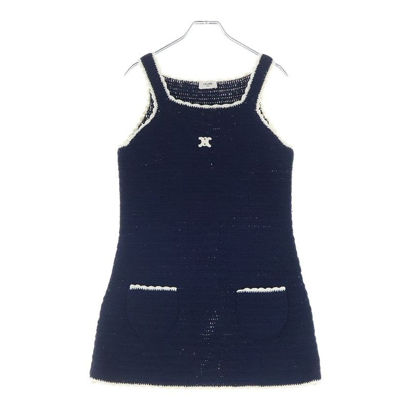 Celine Triomphe Crochet Sleeve Mini Dress Navy