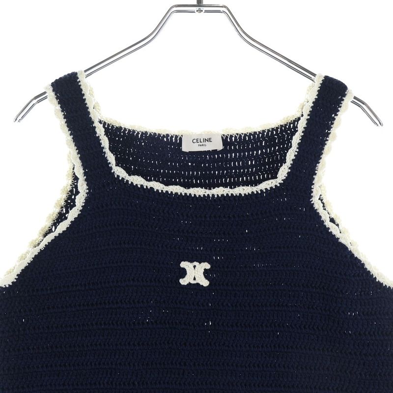 Celine Triomphe Crochet Sleeve Mini Dress Navy