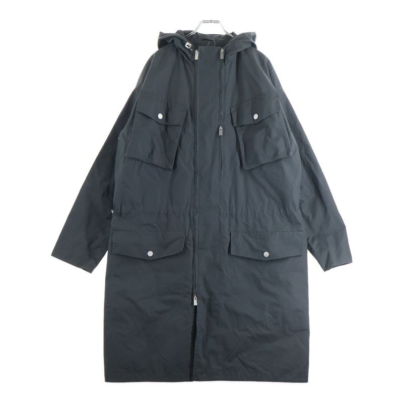 Hermes Multi Pocket Hooded Zip Up Long Jacket Coat Gray