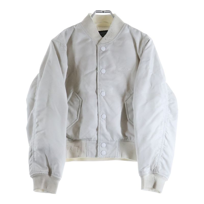 Balenciaga Distressed Snap Button Nylon Bomber Jacket White