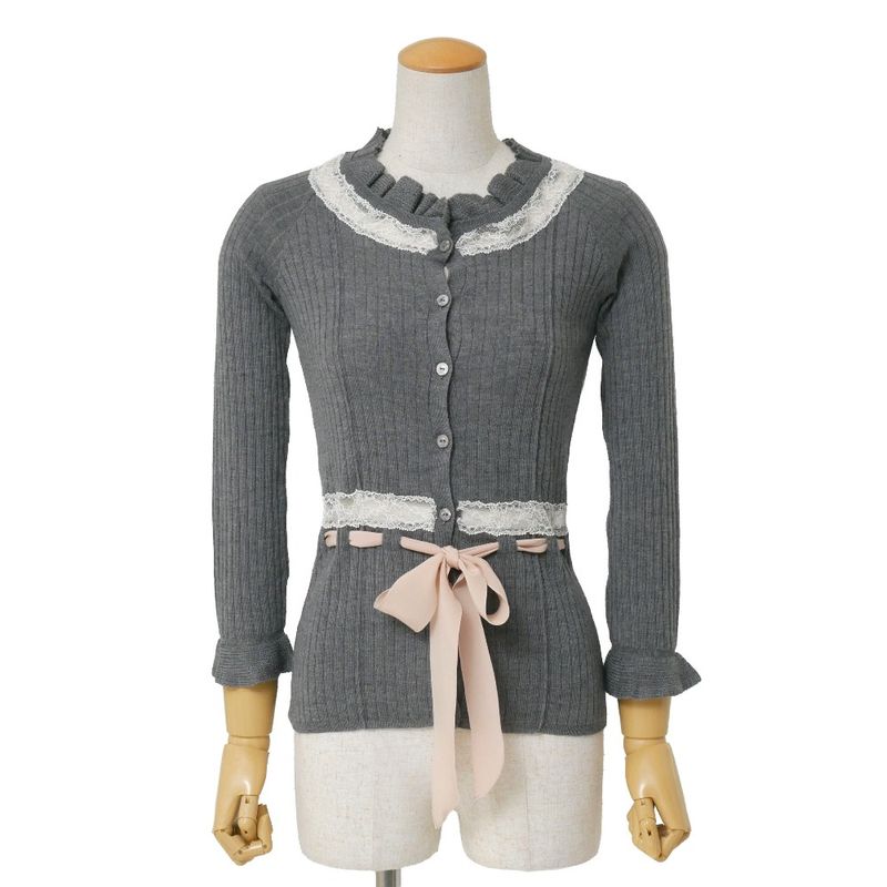 Dior Cardigan 36 Rib Knit Lace Silk Ribbon
