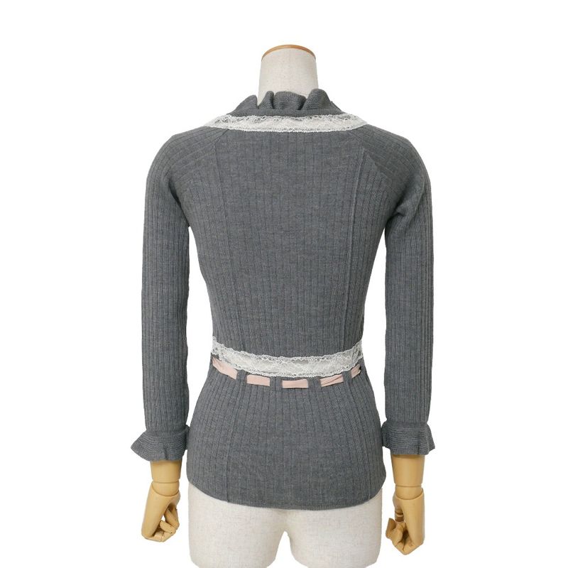 Dior Cardigan 36 Rib Knit Lace Silk Ribbon