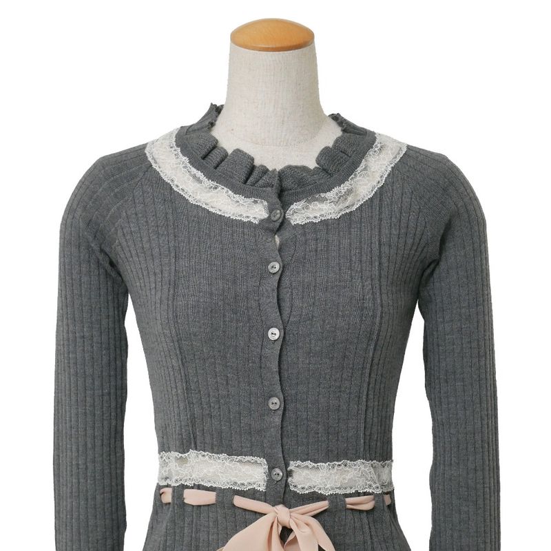 Dior Cardigan 36 Rib Knit Lace Silk Ribbon
