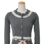 Dior Cardigan 36 Rib Knit Lace Silk Ribbon