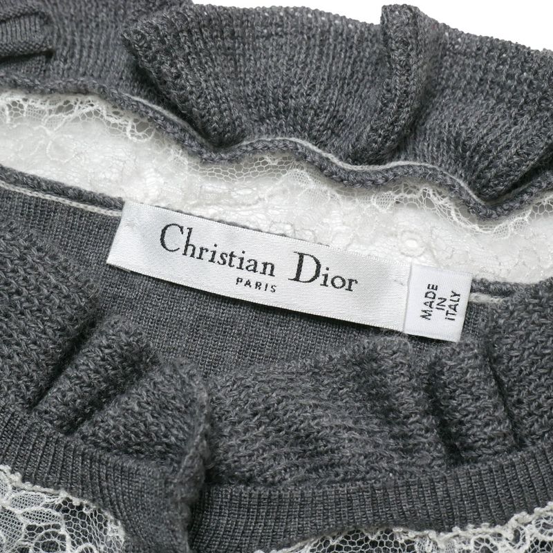 Dior Cardigan 36 Rib Knit Lace Silk Ribbon