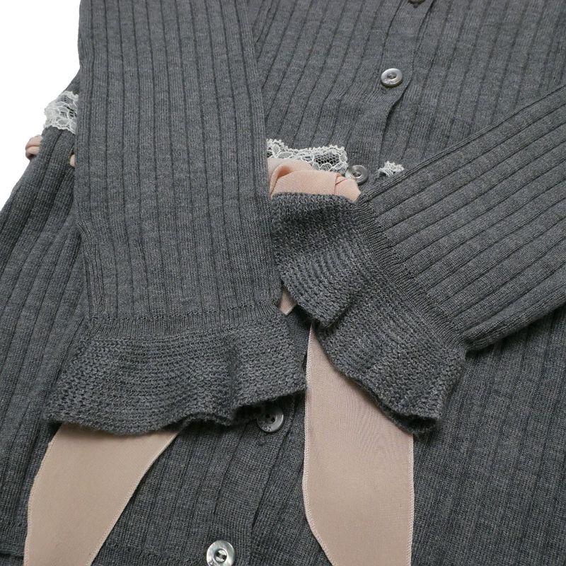 Dior Cardigan 36 Rib Knit Lace Silk Ribbon