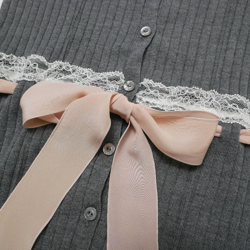 Dior Cardigan 36 Rib Knit Lace Silk Ribbon
