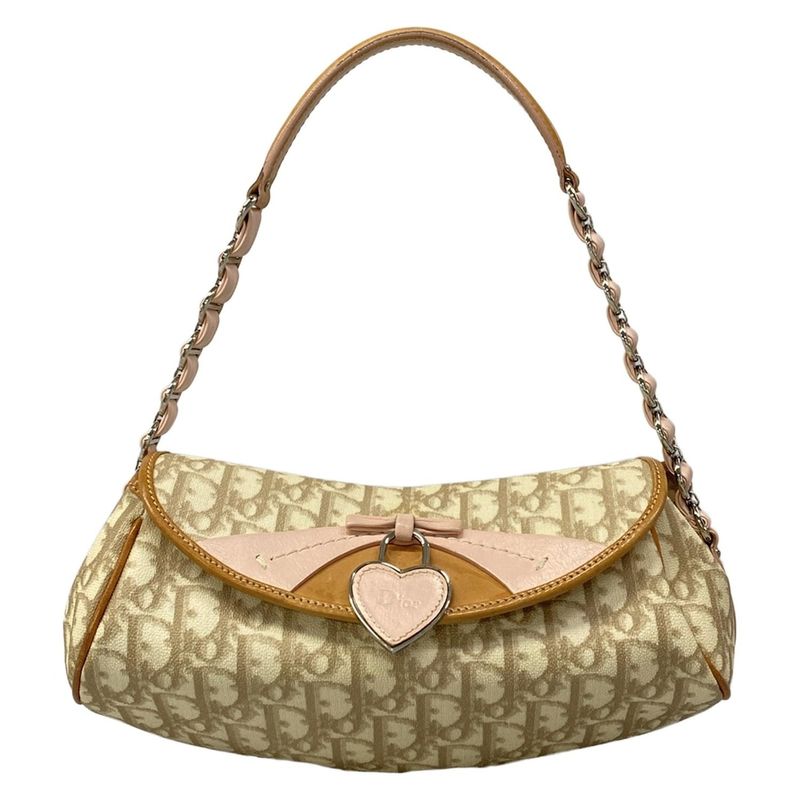 Dior Shoulder Bag Trotter Ivory Brown Pink Ribbon