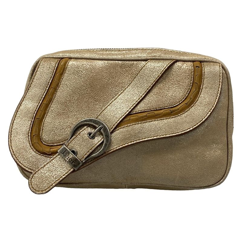 Dior Clutch Gaucho Beige Brown Lame Leather