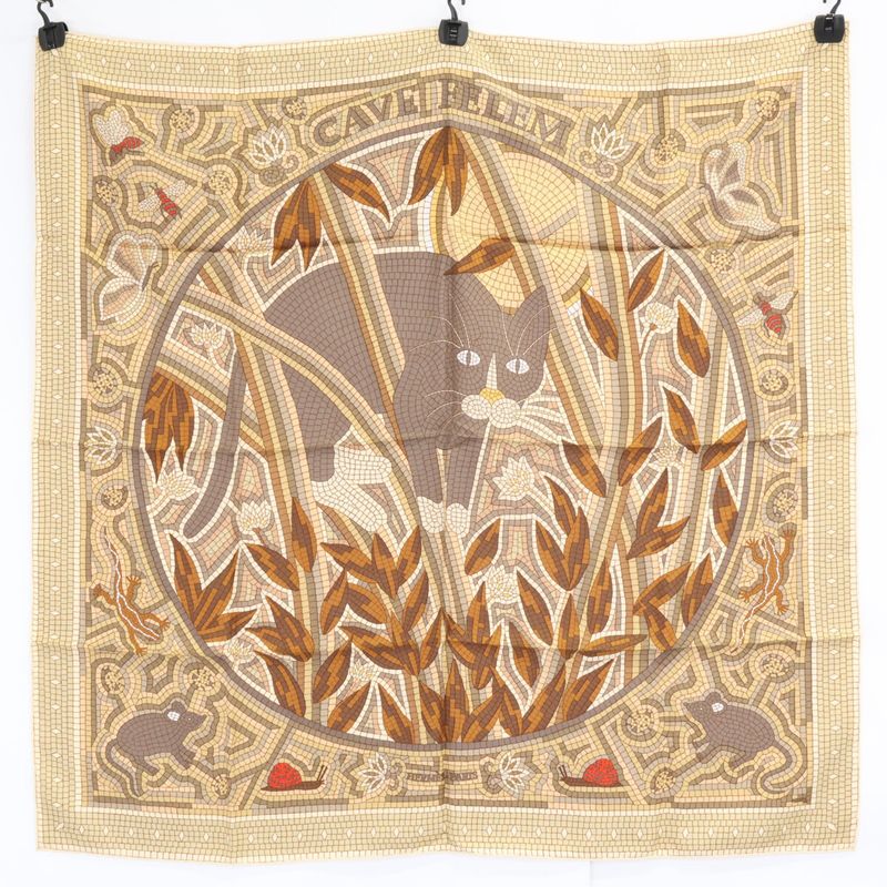 Hermes Cave Felem Beware of Cats Silk Carre 90 Scarf )beige