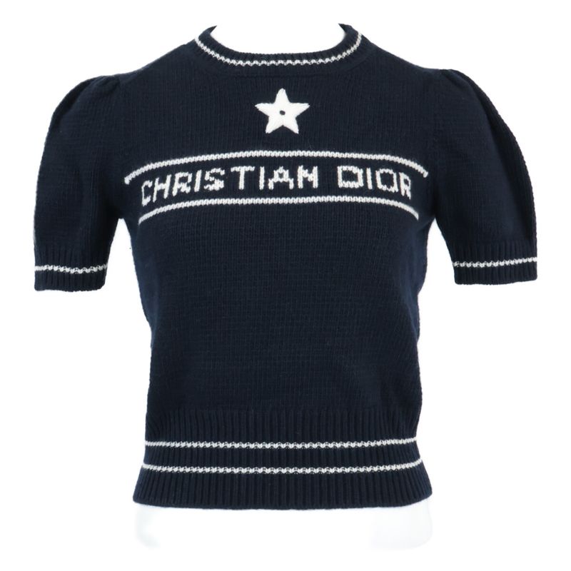 Dior Logo Cashmere Wool Short Sleeve Knit Sweater ) Navy