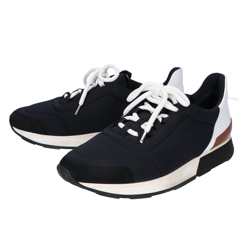 Hermes Miles Neoprene Leather Low Cut Sneakers 40 ) Black White