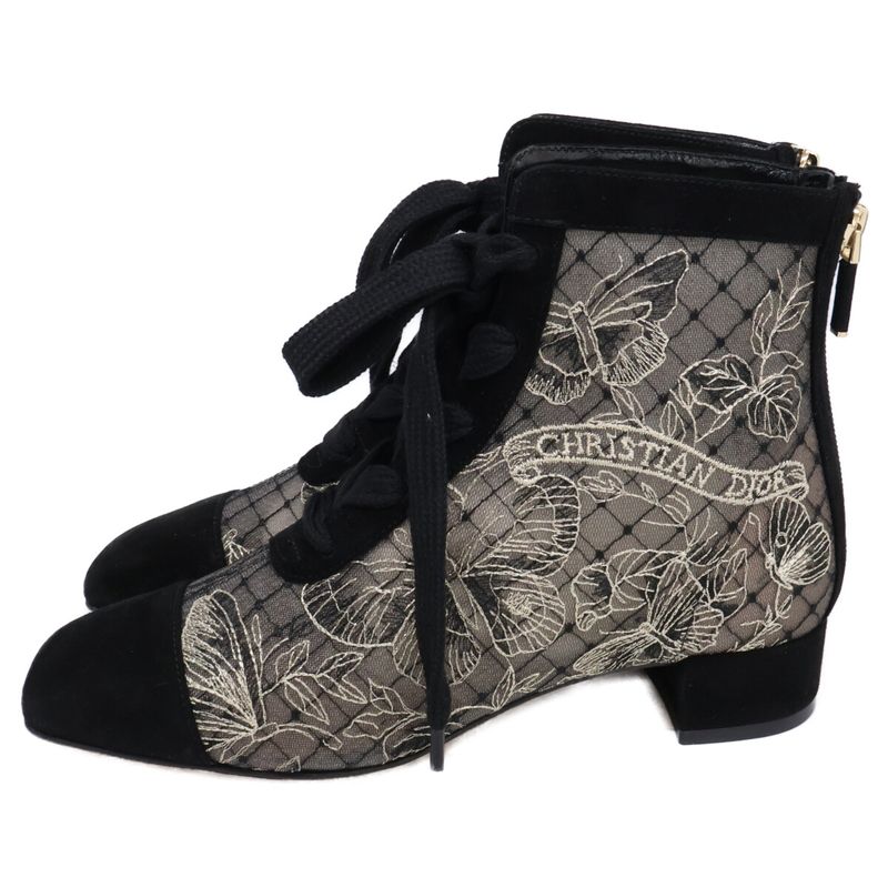 Dior Naughtily-d Suede Embroidery Mesh Butterfly Lace Up Heel ) Black
