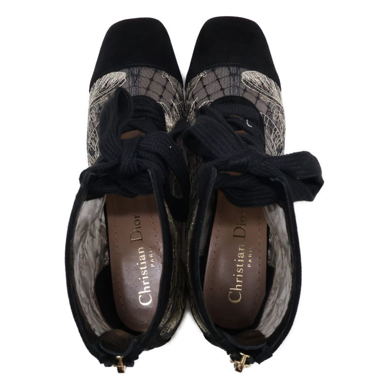 Dior Naughtily-d Suede Embroidery Mesh Butterfly Lace Up Heel ) Black