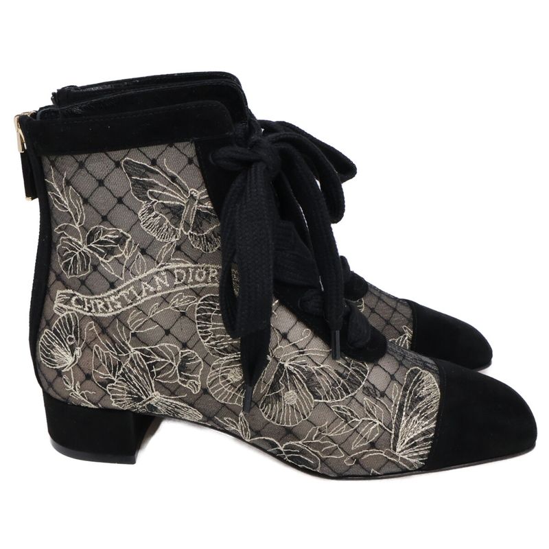 Dior Naughtily-d Suede Embroidery Mesh Butterfly Lace Up Heel ) Black