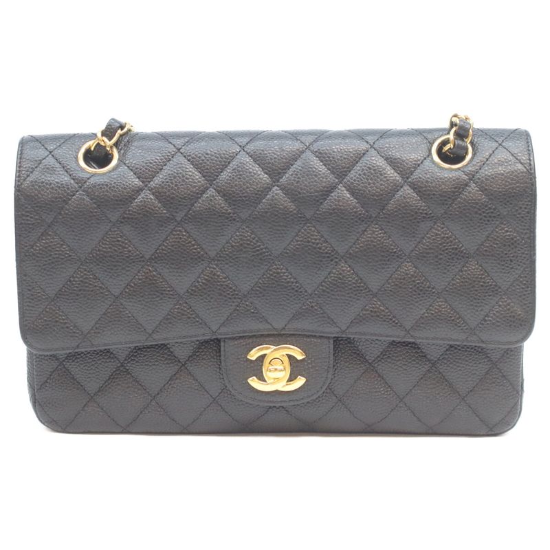 Chanel Black Caviar Gold Double Flap Quilted 25 Shoulder Bag )
