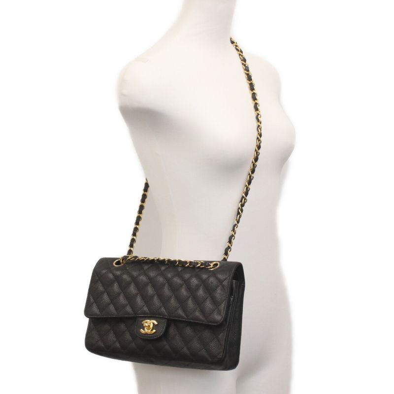 Chanel Black Caviar Gold Double Flap Quilted 25 Shoulder Bag )