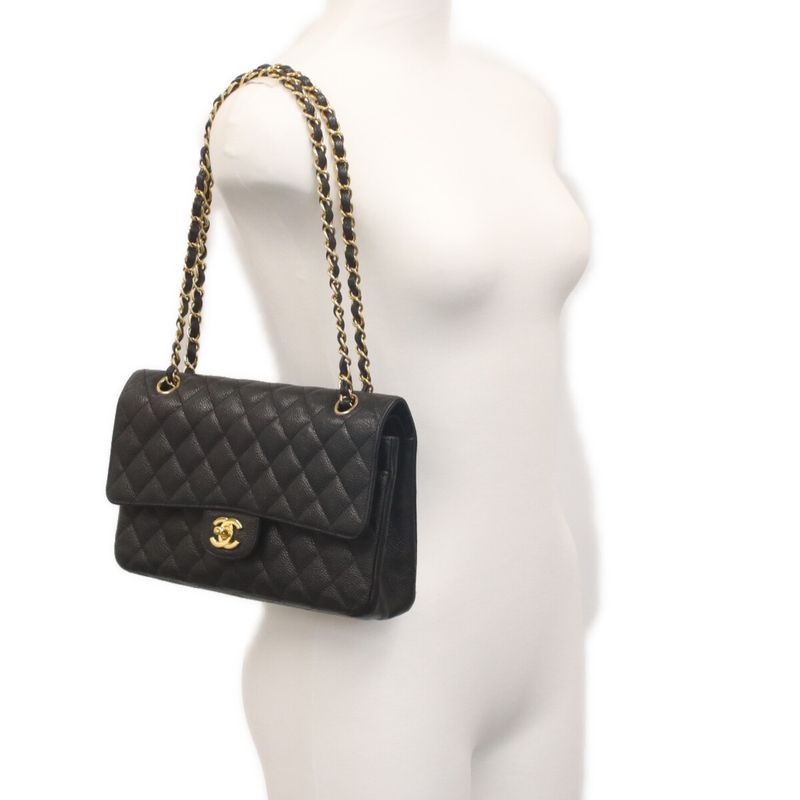 Chanel Black Caviar Gold Double Flap Quilted 25 Shoulder Bag )