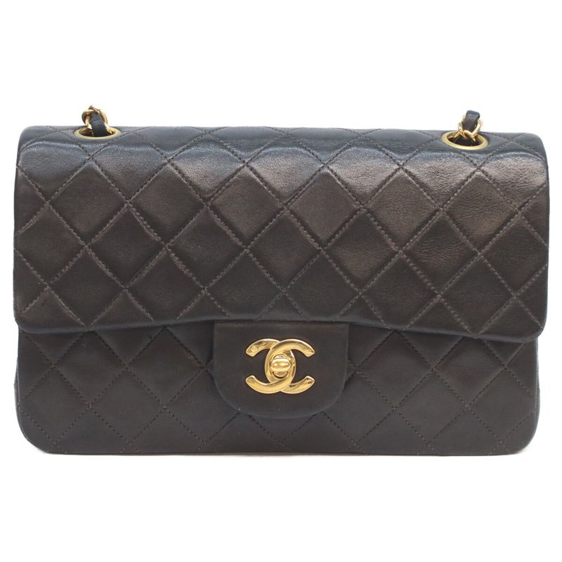 Chanel Black Lamb Gold Double Flap Quilted 23 Shoulder Bag )