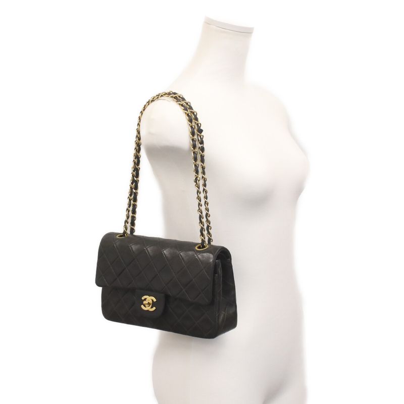 Chanel Black Lamb Gold Double Flap Quilted 23 Shoulder Bag )
