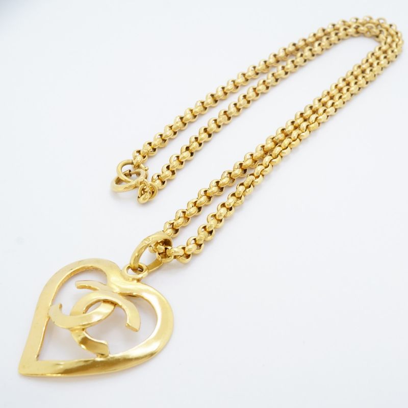 Chanel Necklace Vintage CC Logo Heart Motif Gold Plated
