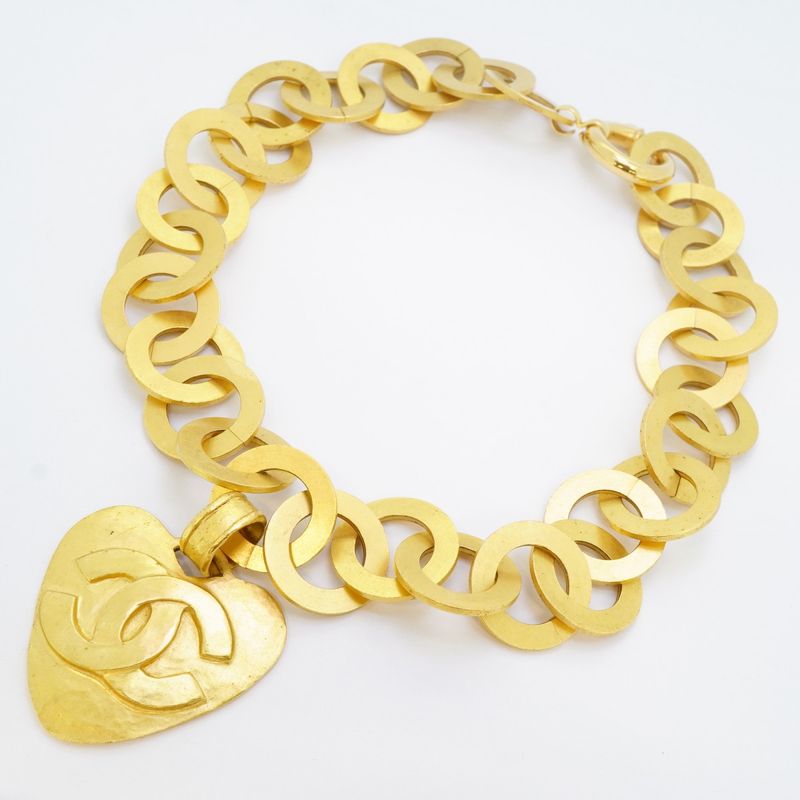 Chanel Necklace Vintage CC Logo Heart Motif Gold Plated