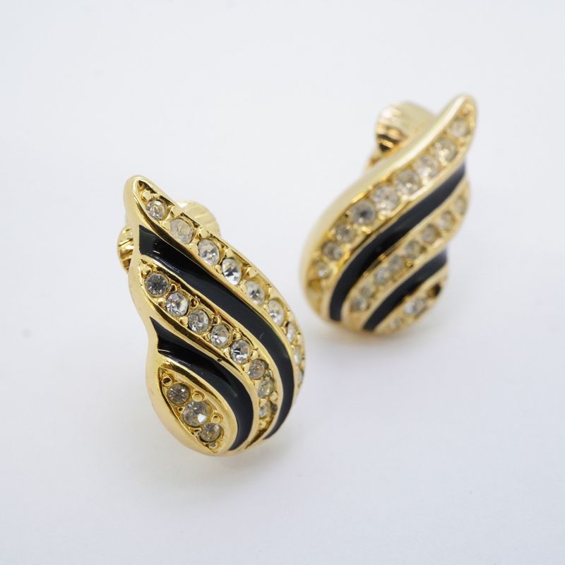 Dior Earrings Gold Plated Rhinestone Black Cles Diamonds