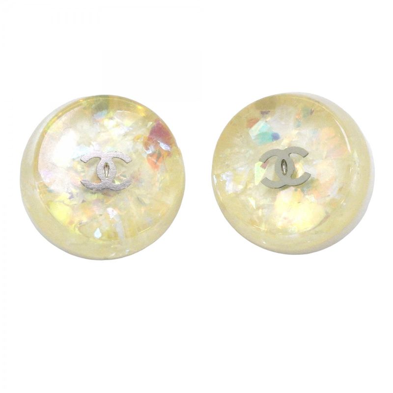 Chanel Earrings Vintage CC Logo Round White Clear