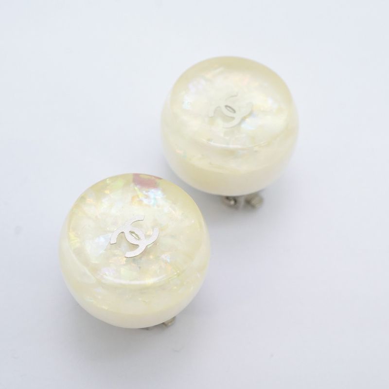 Chanel Earrings Vintage CC Logo Round White Clear