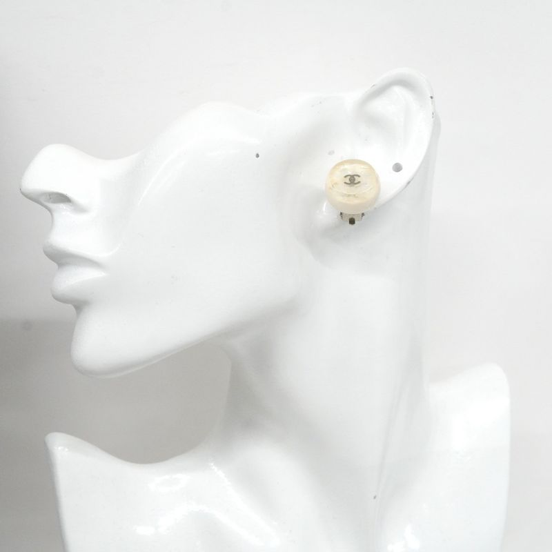 Chanel Earrings Vintage CC Logo Round White Clear