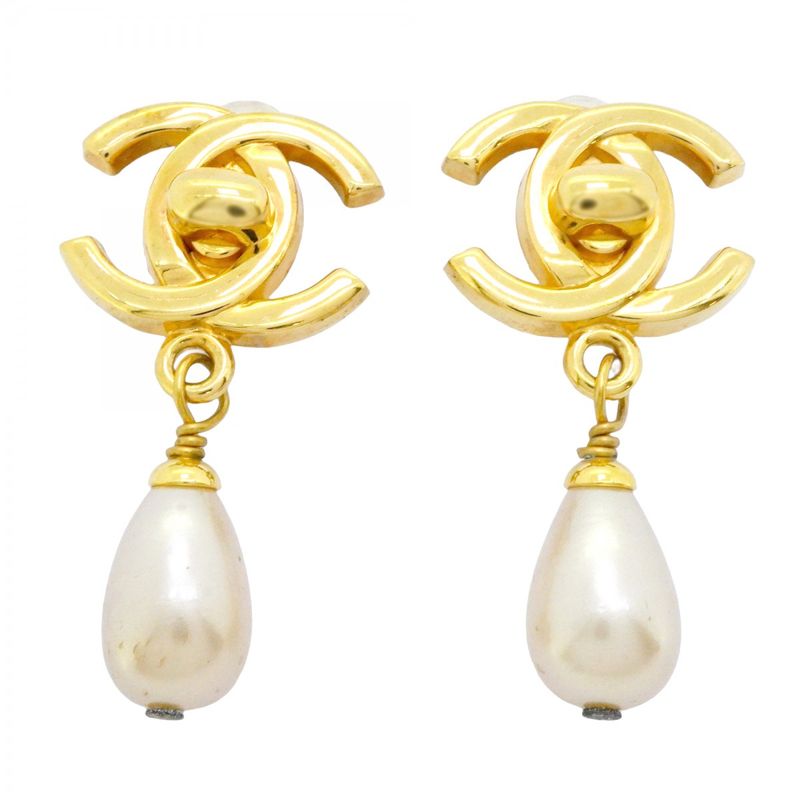 Chanel Earrings Vintage CC Logo Turnlock Gold Plated Faux Pearl