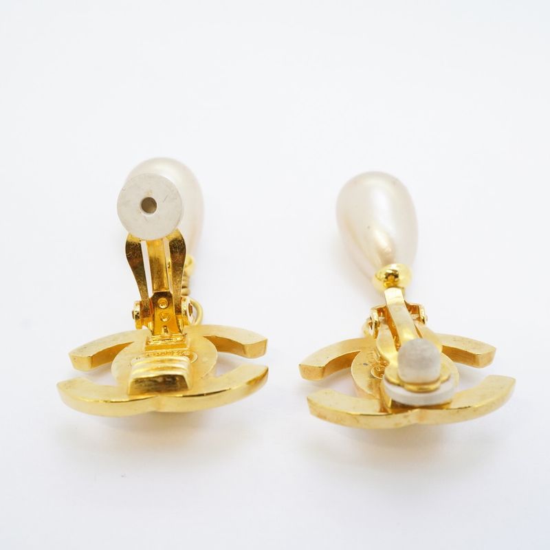 Chanel Earrings Vintage CC Logo Turnlock Gold Plated Faux Pearl