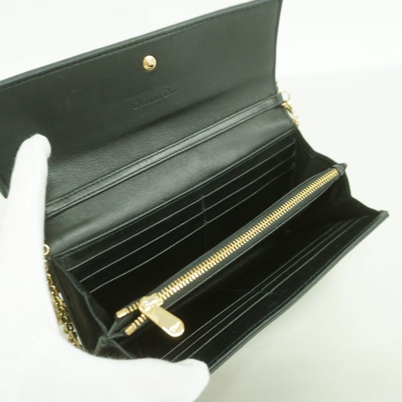 Dior Shoulder Wallet Cannage Leather Black Champagne Gold