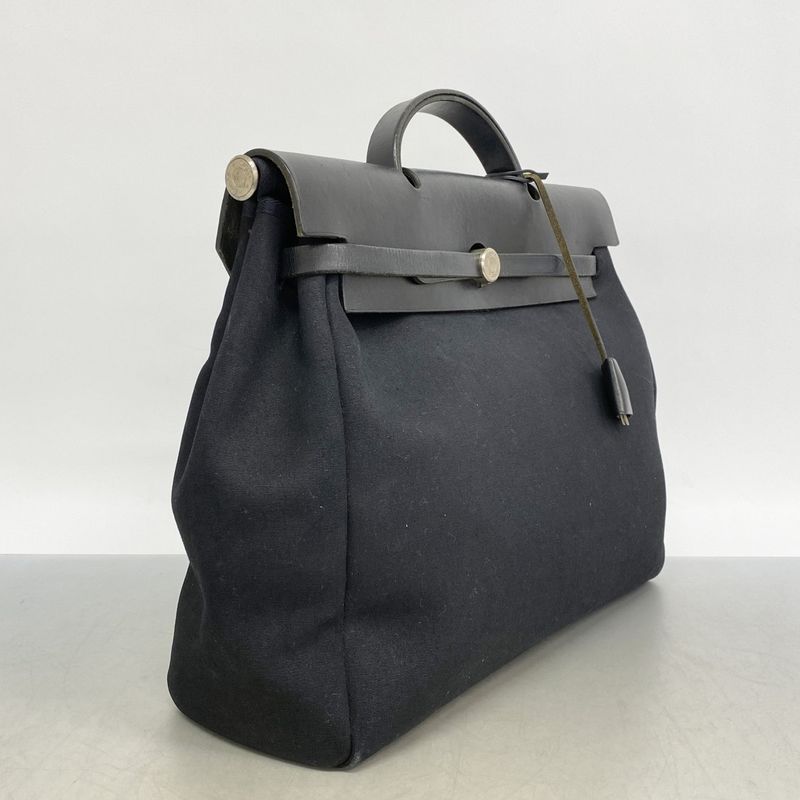 Hermes Handbag Herbag MM Toile Officier Black Silver