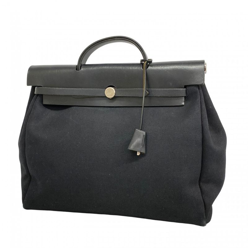 Hermes Handbag Herbag MM Toile Officier Black Silver