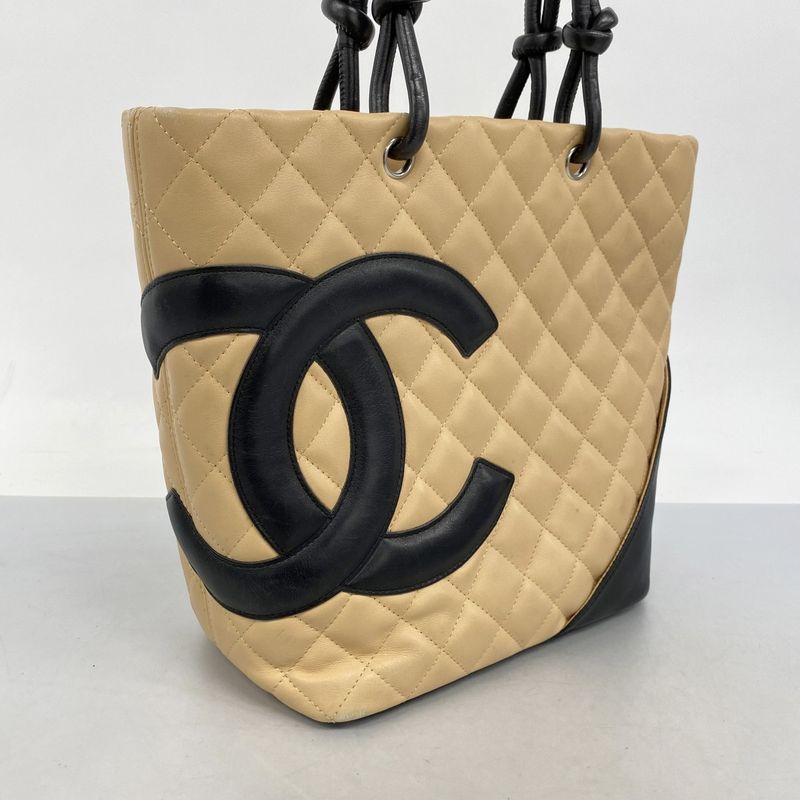 Chanel Tote Cambon Lambskin Beige Black Silver