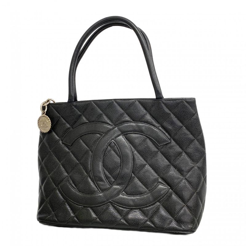 Chanel Tote Medallion Caviar Leather Black Silver