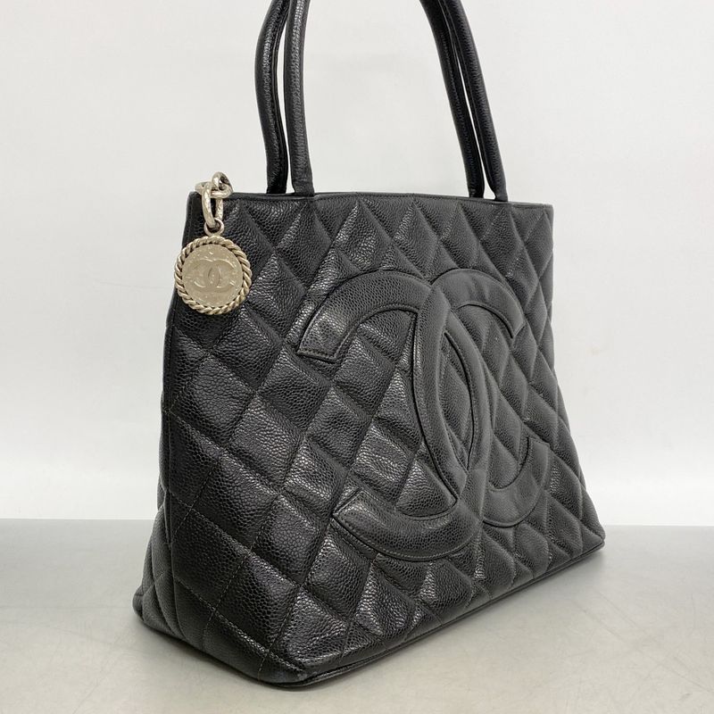 Chanel Tote Medallion Caviar Leather Black Silver