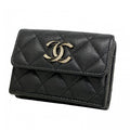 Chanel Trifold Wallet Quilted Caviar Leather Black Gold