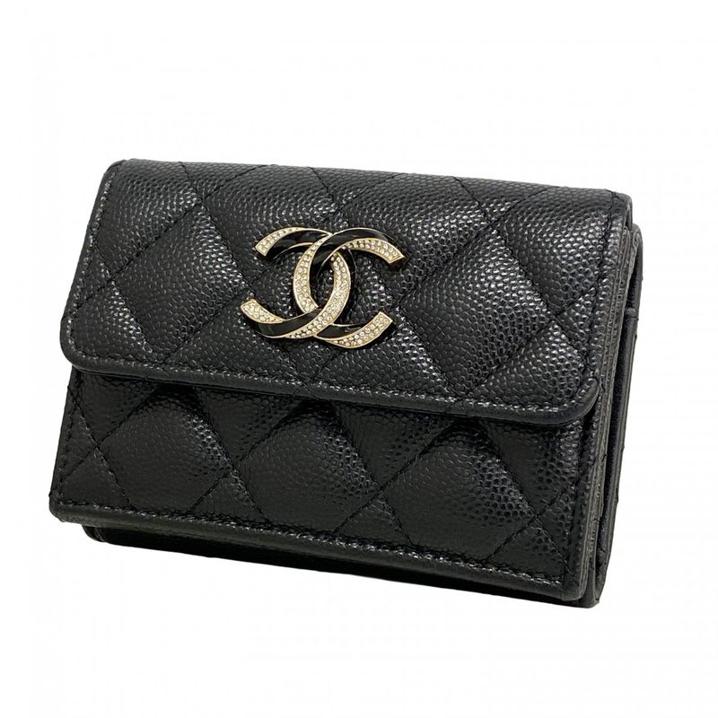Chanel Trifold Wallet Quilted Caviar Leather Black Gold