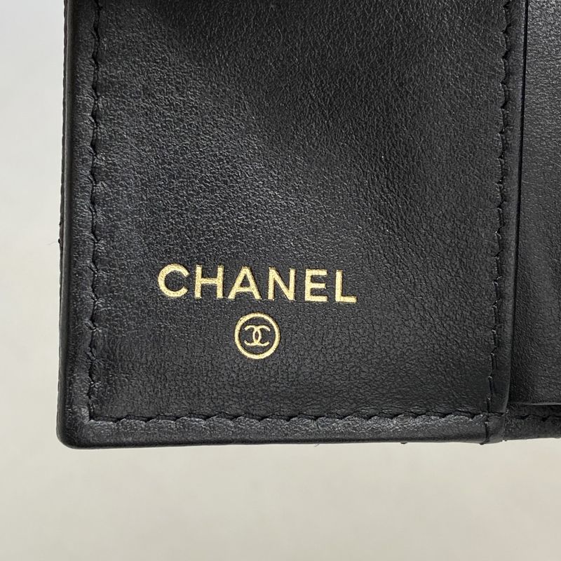 Chanel Trifold Wallet Quilted Caviar Leather Black Gold
