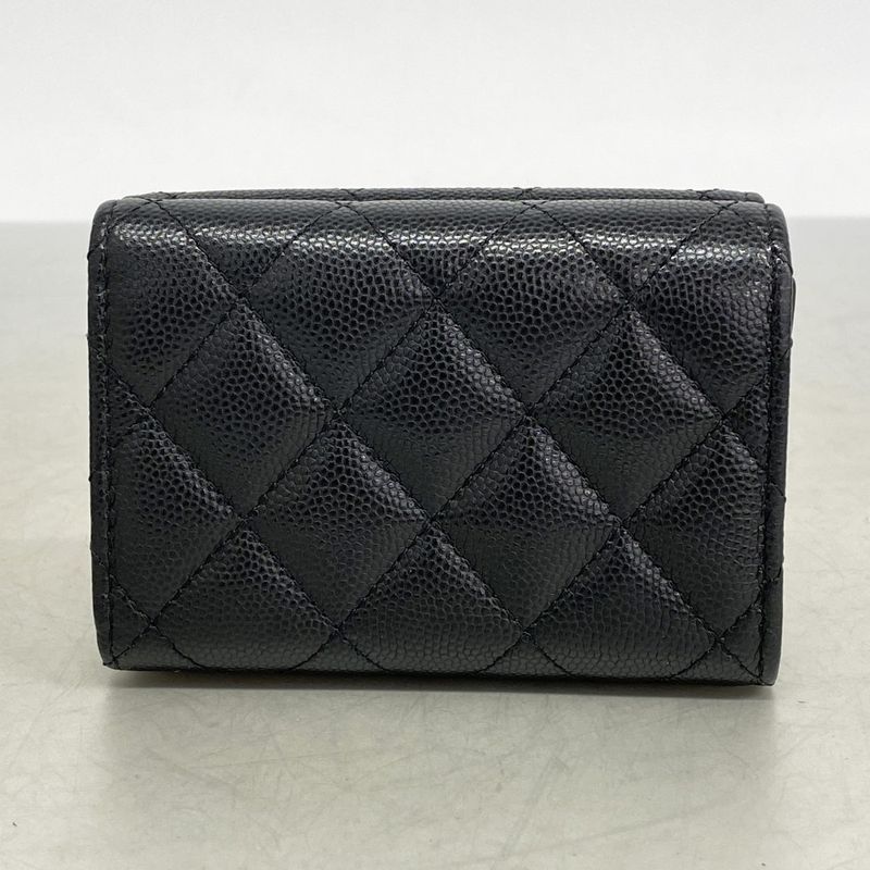 Chanel Trifold Wallet Quilted Caviar Leather Black Gold