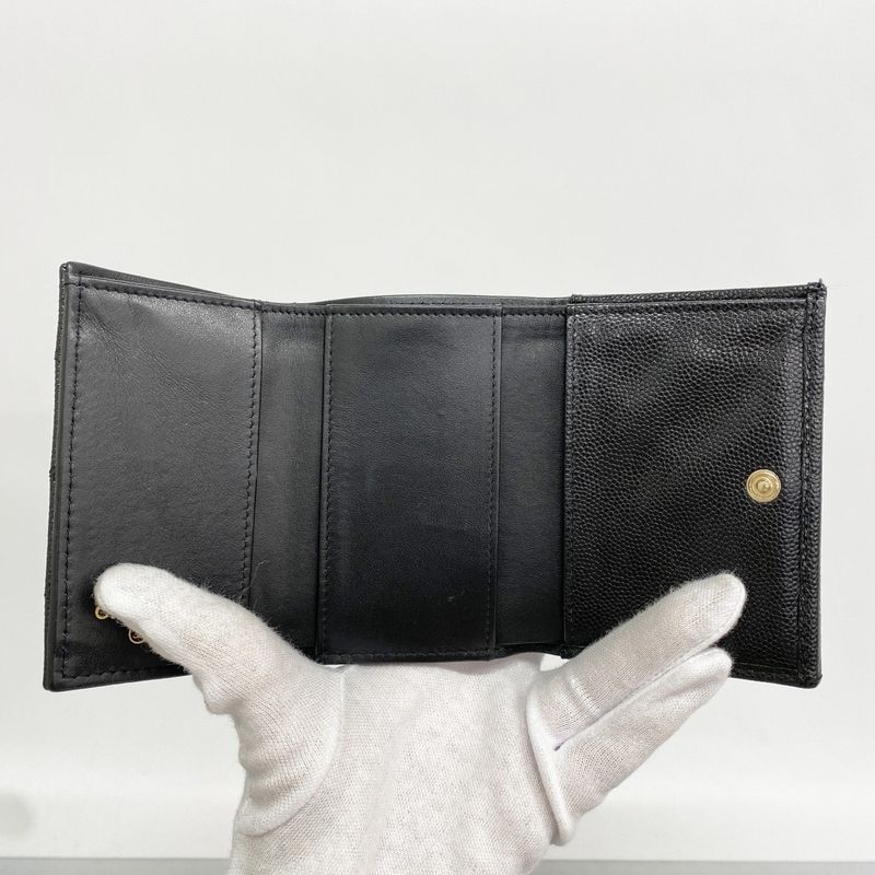 Chanel Trifold Wallet Quilted Caviar Leather Black Gold